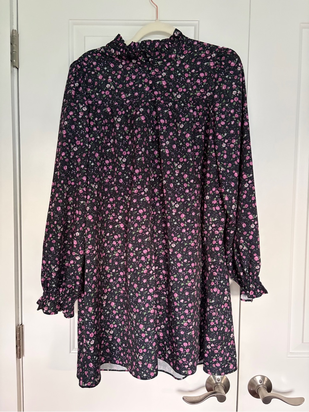 English Factory Black Floral Blouse with Pink and Green Print